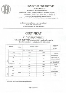 Parametry zkoušek kotle Aco duo versa